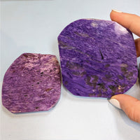 Thumbnail for Close-up of a person holding flat-shaped purple Charoite Slab Grade AA #M176 stone