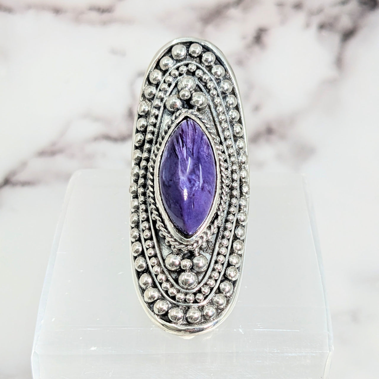 Person Amethite and Charoite Jumbo Shield Ring in Size 5.5, #LV2620, elegant and unique