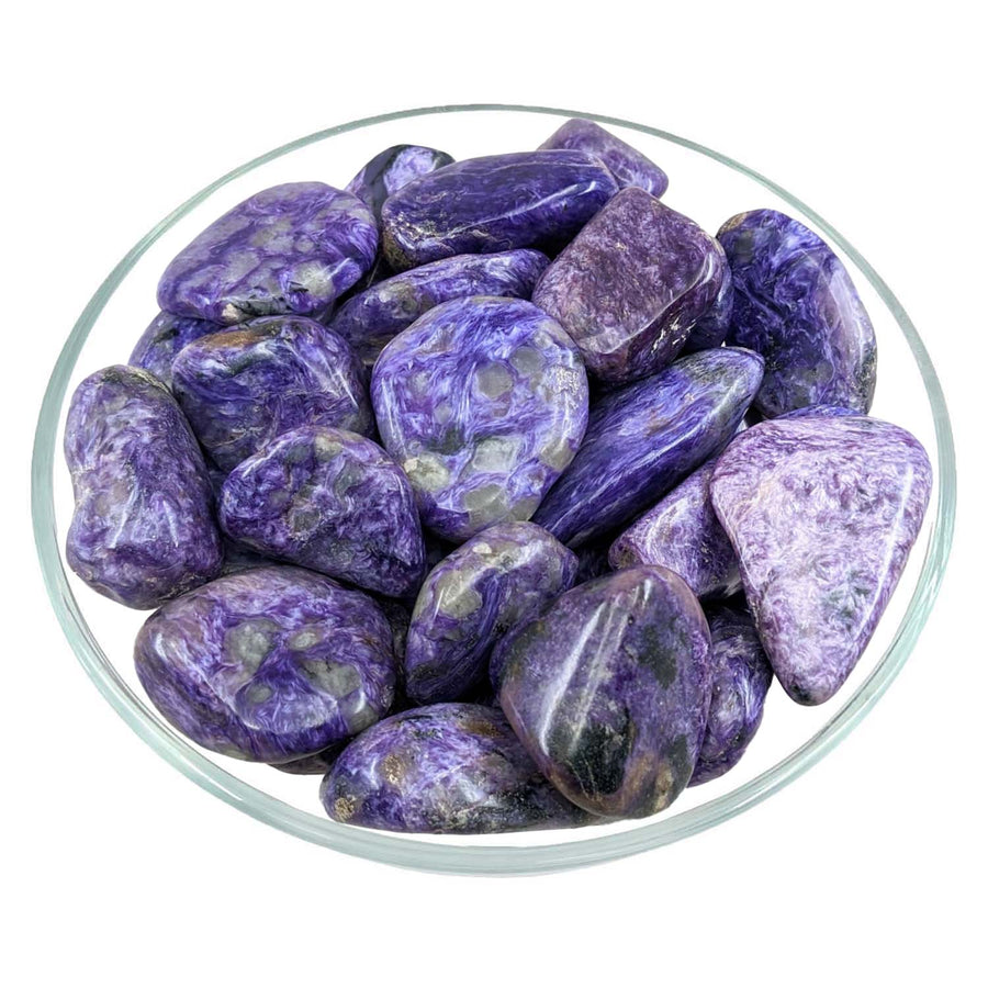 Charoite Tumbled Stone #SK2183 in a decorative bowl of purple and white marble