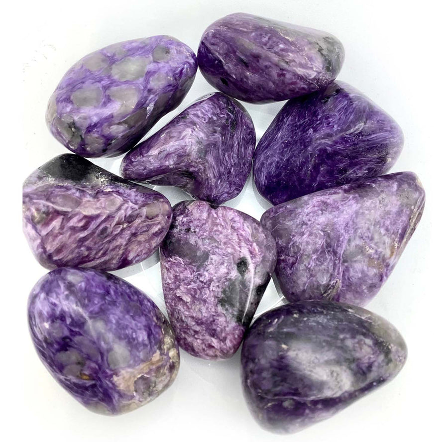 Polished purple Charoite tumbled stones clustered for decorative and healing purposes