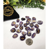 Chevron Amethyst Rune Stones with Gold Inscriptions in Velvet Pouch