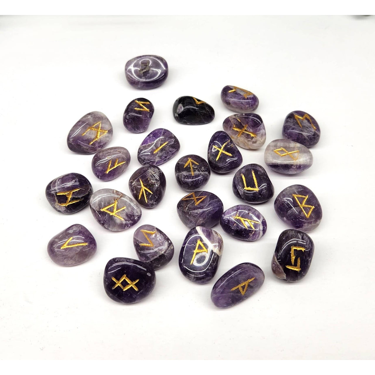 Chevron Amethyst Gemstone Rune Set with Gold Inscriptions and Velvet Pouch