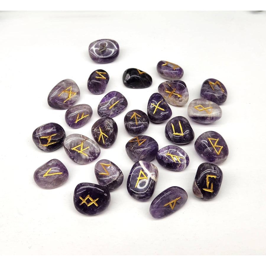 Chevron Amethyst Gemstone Rune Set with Gold Inscriptions and Velvet Pouch