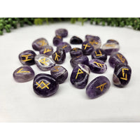 Chevron Amethyst Gemstone Rune Set with Gold Inscriptions and Velvet Pouch