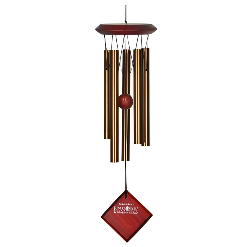 Gold-toned Chimes of Mars Bronze wind chime with wooden accents and red diamond base