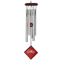 Silver Woodstock Chimes of Mercury wind chime with wooden accents and red Encore label