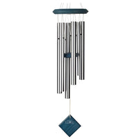 Chimes of Pluto Blue Wash chrome wind chime with teal accents, diamond tag