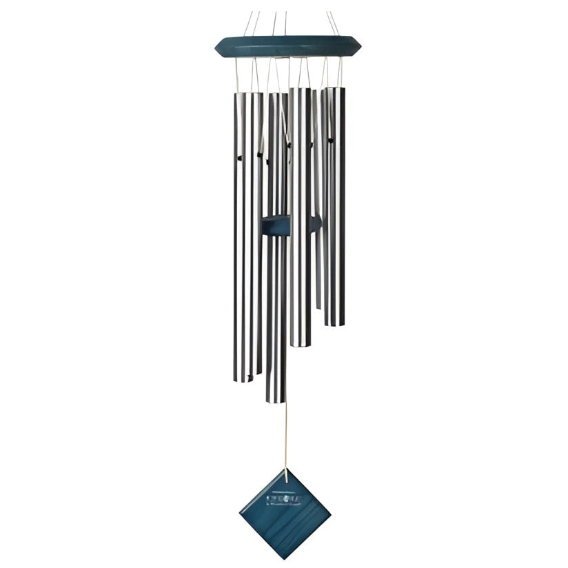 Chimes of Pluto Blue Wash chrome wind chime with teal accents, diamond tag