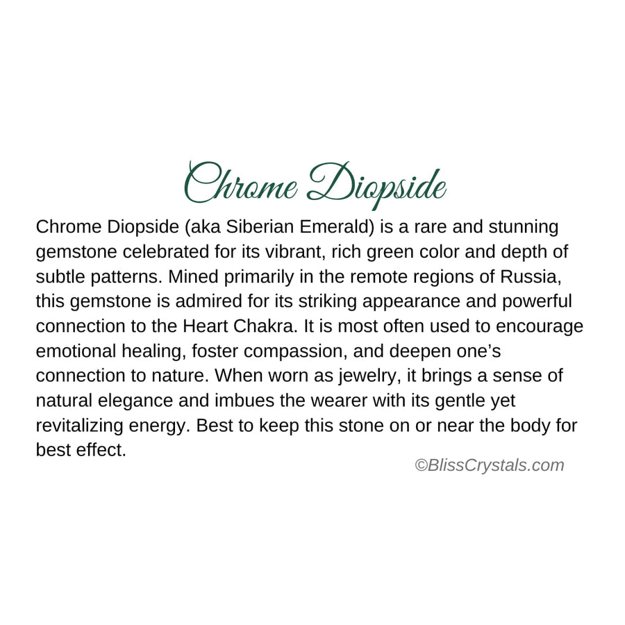Chrome Diopside Crystal Information Card showcasing diopside crystal information and features