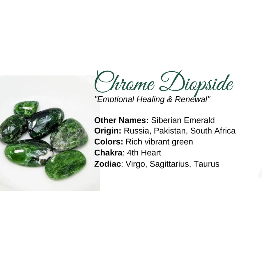 Chrome Diopside crystal gemstones on the diopside crystal information card