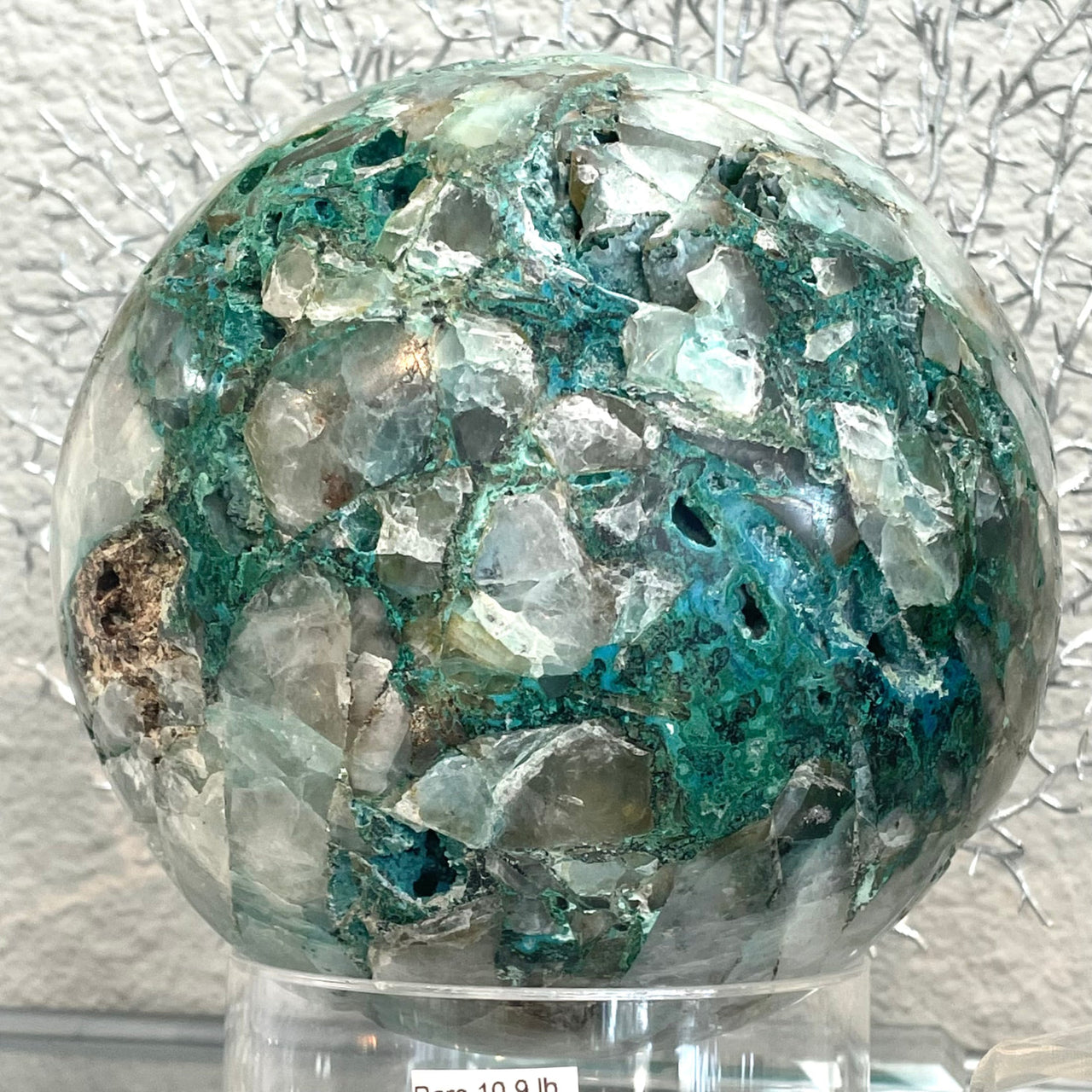 Chrysocolla Sphere with Green and White Marble on Stand - 10 lb Display Specimen #S035