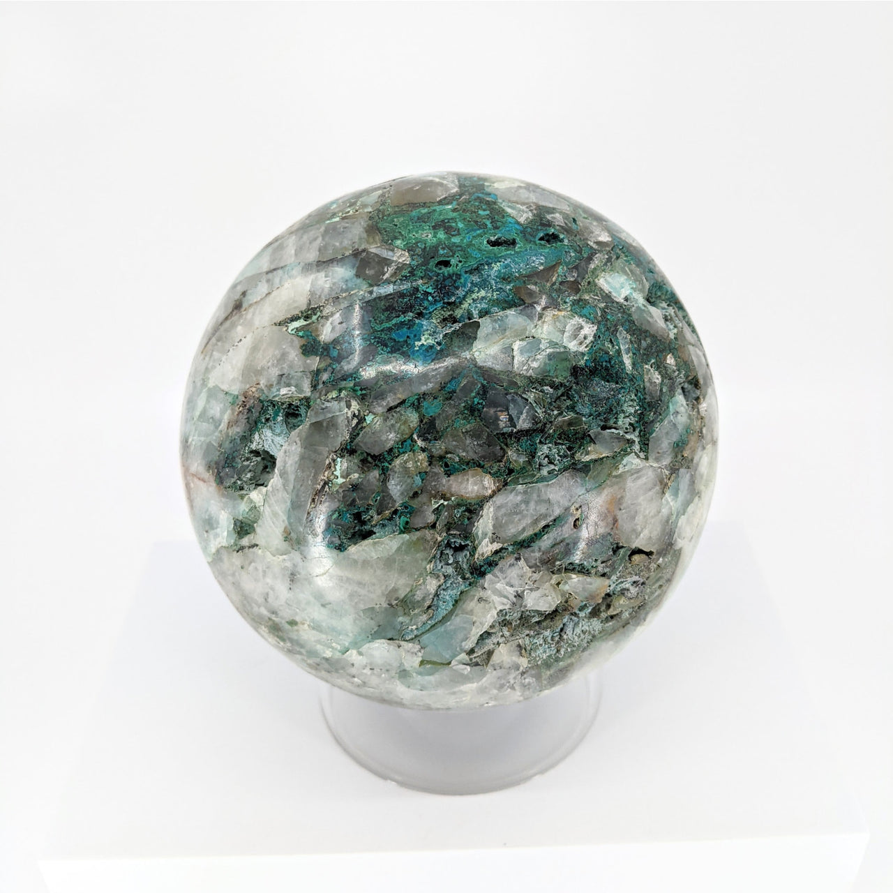 Chrysocolla Sphere + White Base - 10 lb Marble Display Specimen #S035
