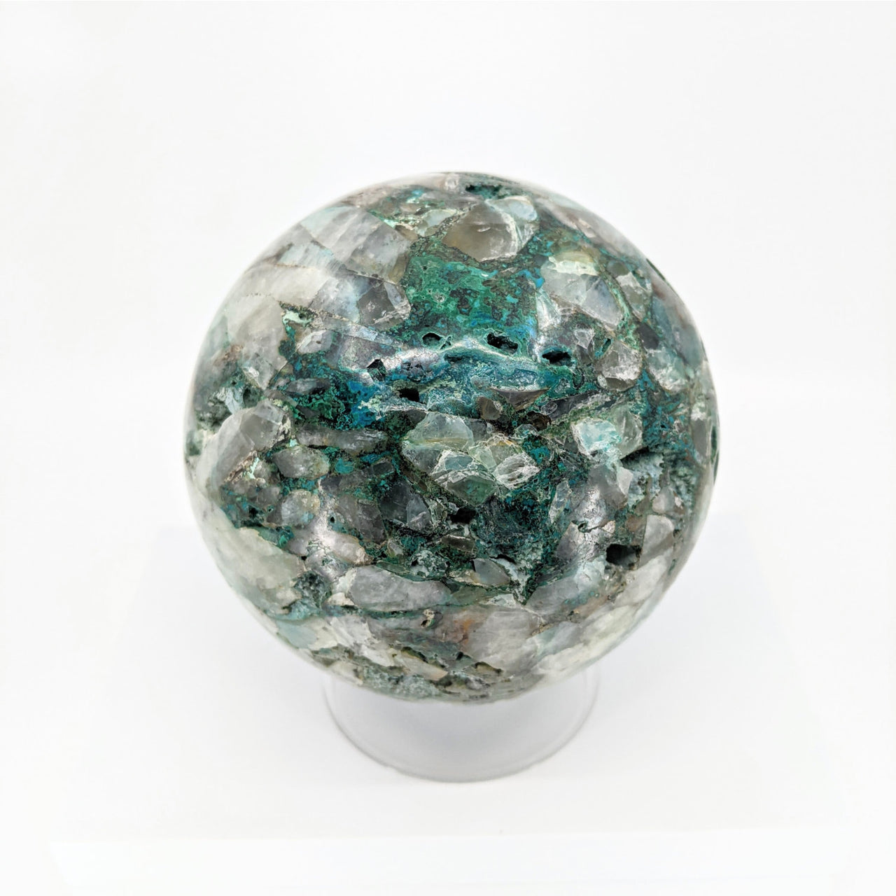 Chrysocolla Sphere + Stand, Huge 10 lb Display Specimen S035 - Green and White Marble Sphere