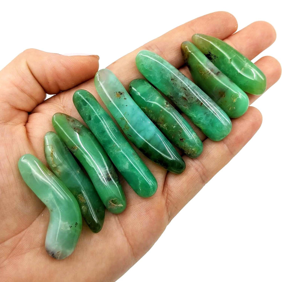 Polished green Aventurine crystal points showcasing the Chrysoprase Mini Wand, AA 15g