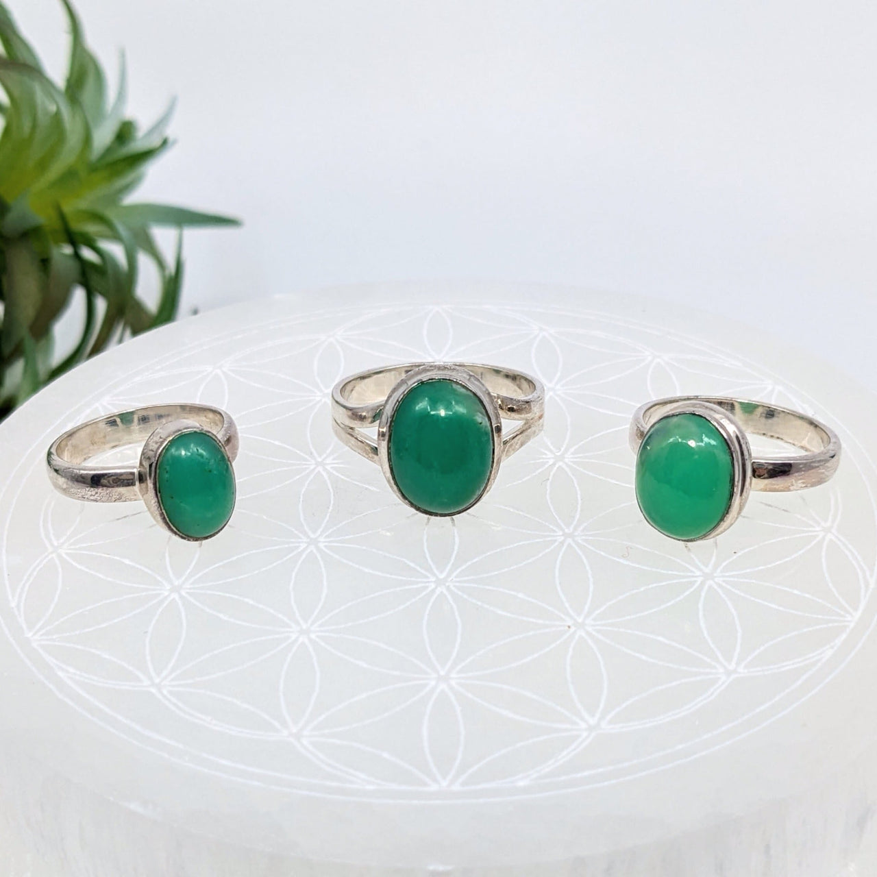 Three silver oval rings featuring green chrysoprase gemstones from Chrysoprase S.S. Oval Ring #LV7029