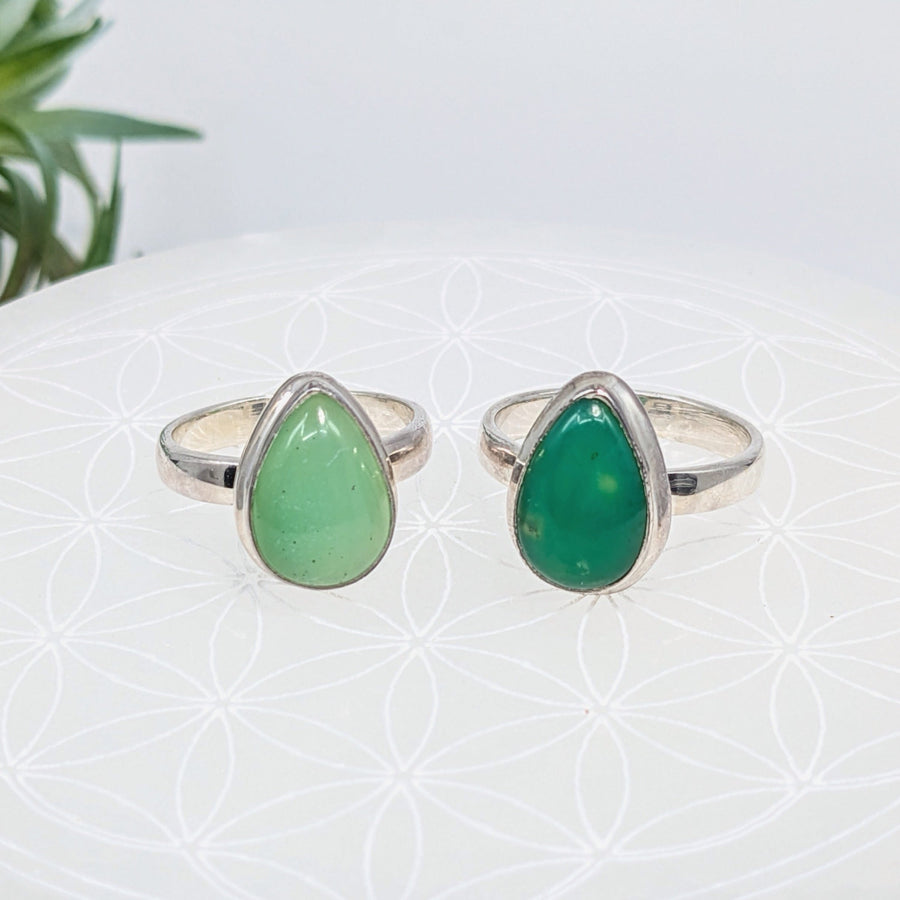 Two teardrop rings with green gemstones in the Chrysoprase S.S. Teardrop Ring #LV7027