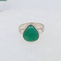 Thumbnail for Silver teardrop ring featuring a green Chrysoprase gemstone, size 8.75