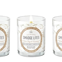 Lit Cinnamon White Sage Smudge Candle in Glass Jar with Gold Label