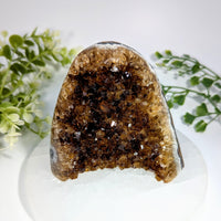 Citrine 3.4 cut base geode with polished brown amethyst cluster and smooth white outer shell for display