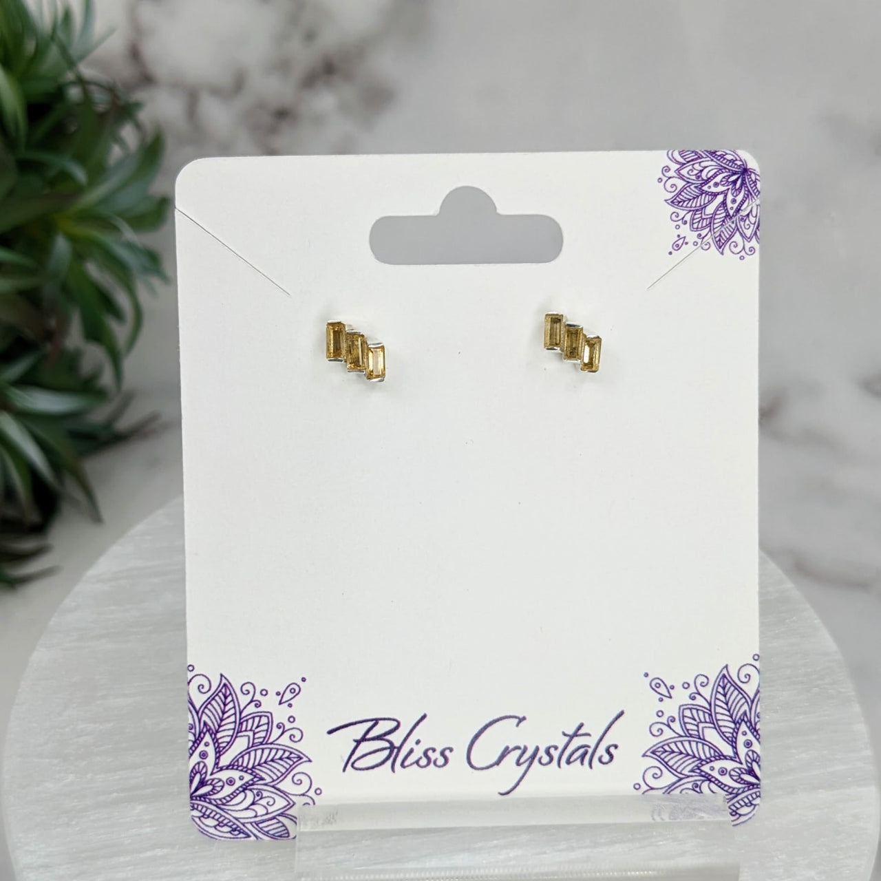 Purple butterfly earrings - Citrine Faceted Baquette 3 Stone Sterling Silver Studs #LV3243