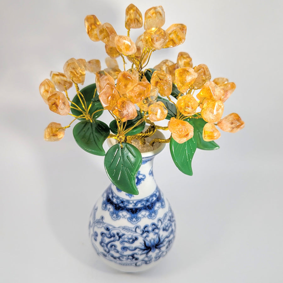 Citrine gemstone tree in blue and white vase for Citrine Flowers 9.5 in Vase #LV8673