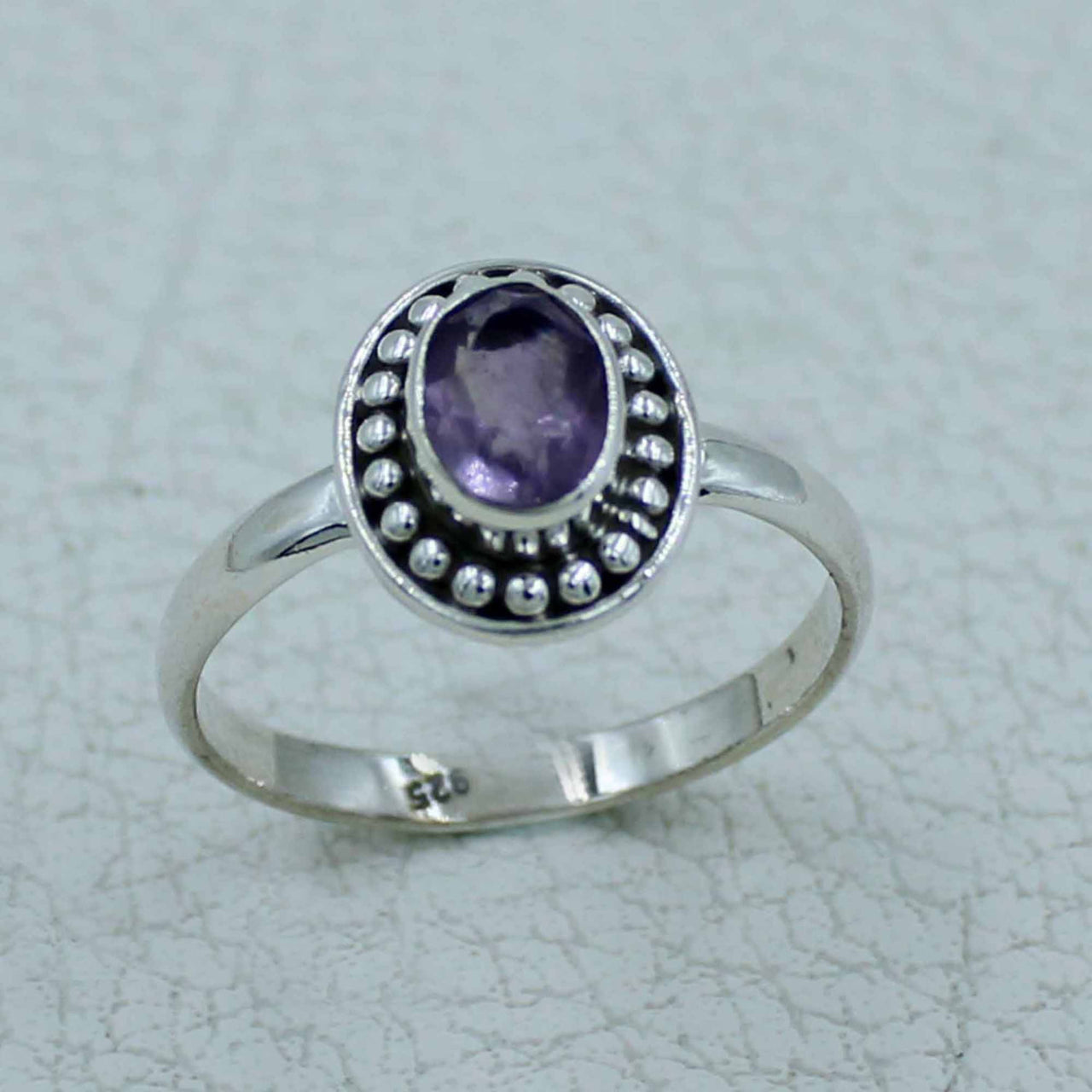 Oval purple amethyst sterling silver ring with beaded bezel #BC0407