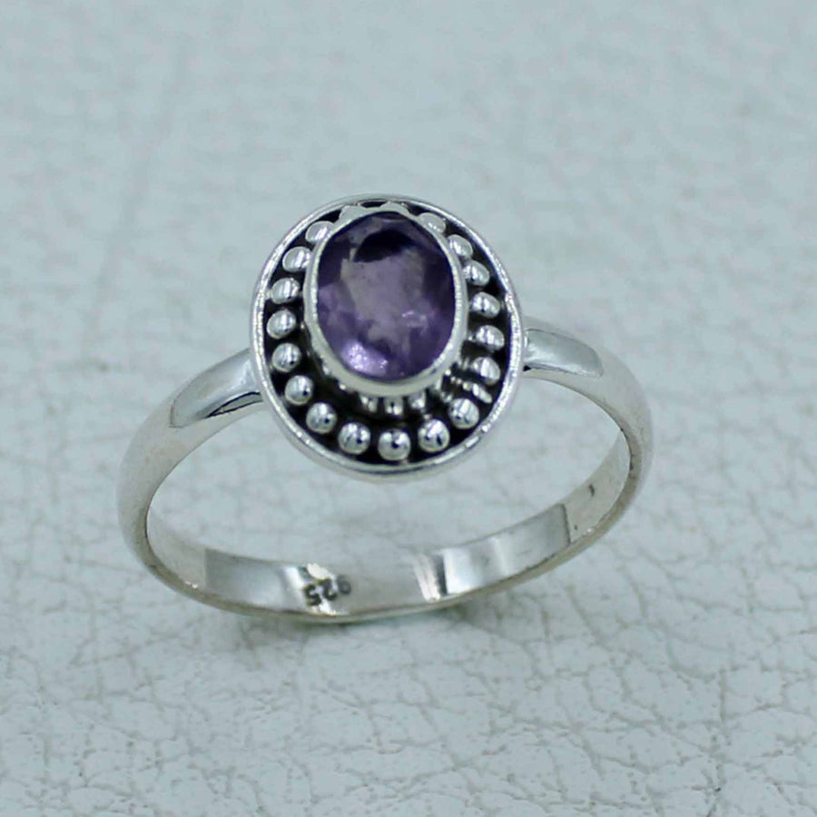 Oval purple amethyst sterling silver ring with beaded bezel #BC0407