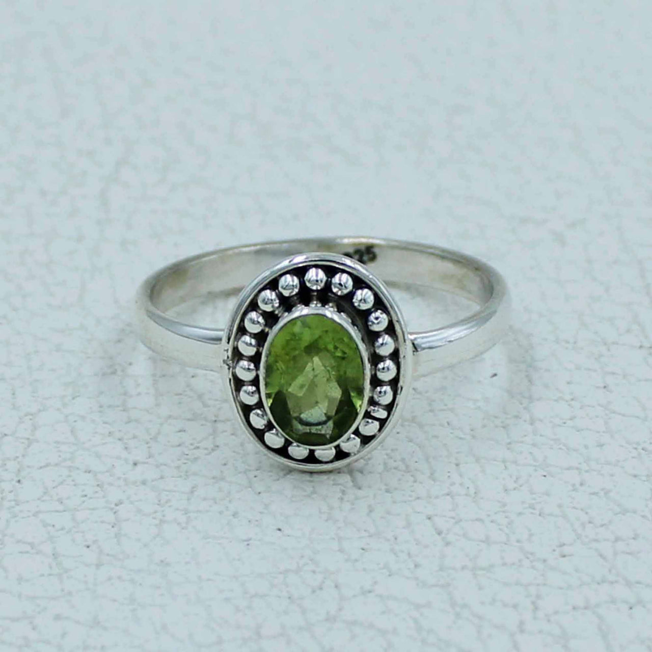 Oval citrine or peridot faceted sterling silver ring with beaded border #BC0407