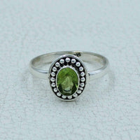 Oval citrine or peridot faceted sterling silver ring with beaded border #BC0407
