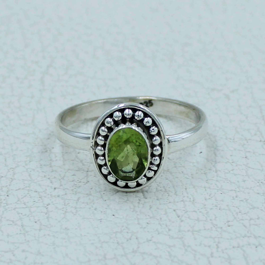 Oval citrine or peridot faceted sterling silver ring with beaded border #BC0407