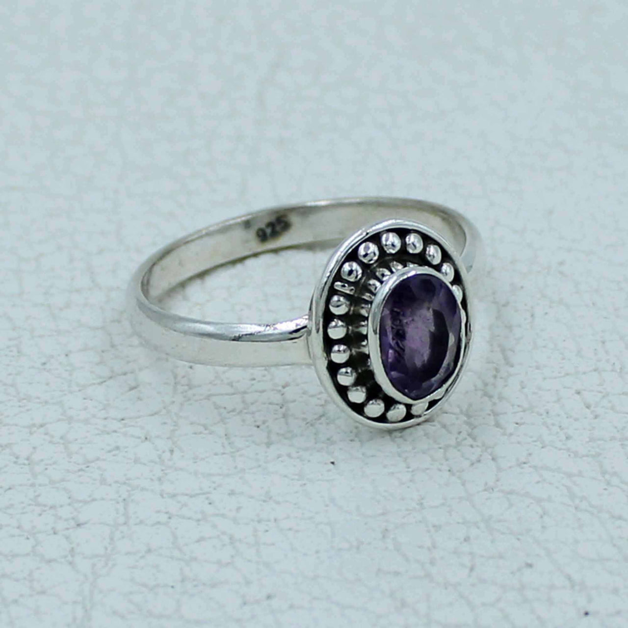 Oval purple amethyst sterling silver ring with beaded bezel #BC0407