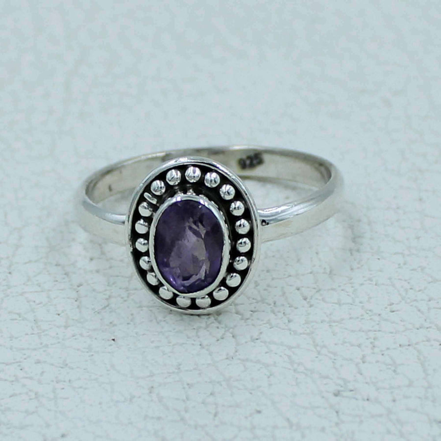 Oval-cut purple amethyst sterling silver ring #BC0407 with bezel and accents