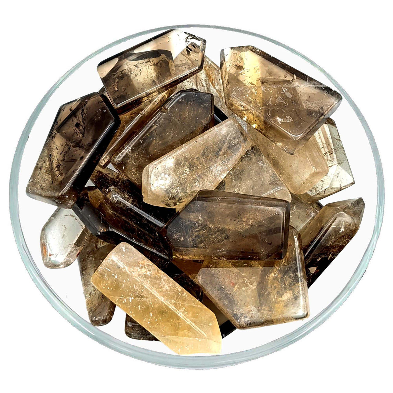 Smoky quartz crystal points in a bowl with Citrine Polished Pocket Stone #SK5980