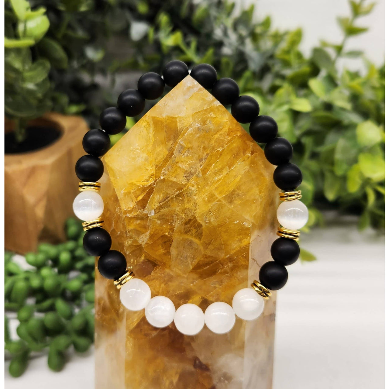 Cleansing Bracelet with Black Obsidian & Selenite 8mm Beads