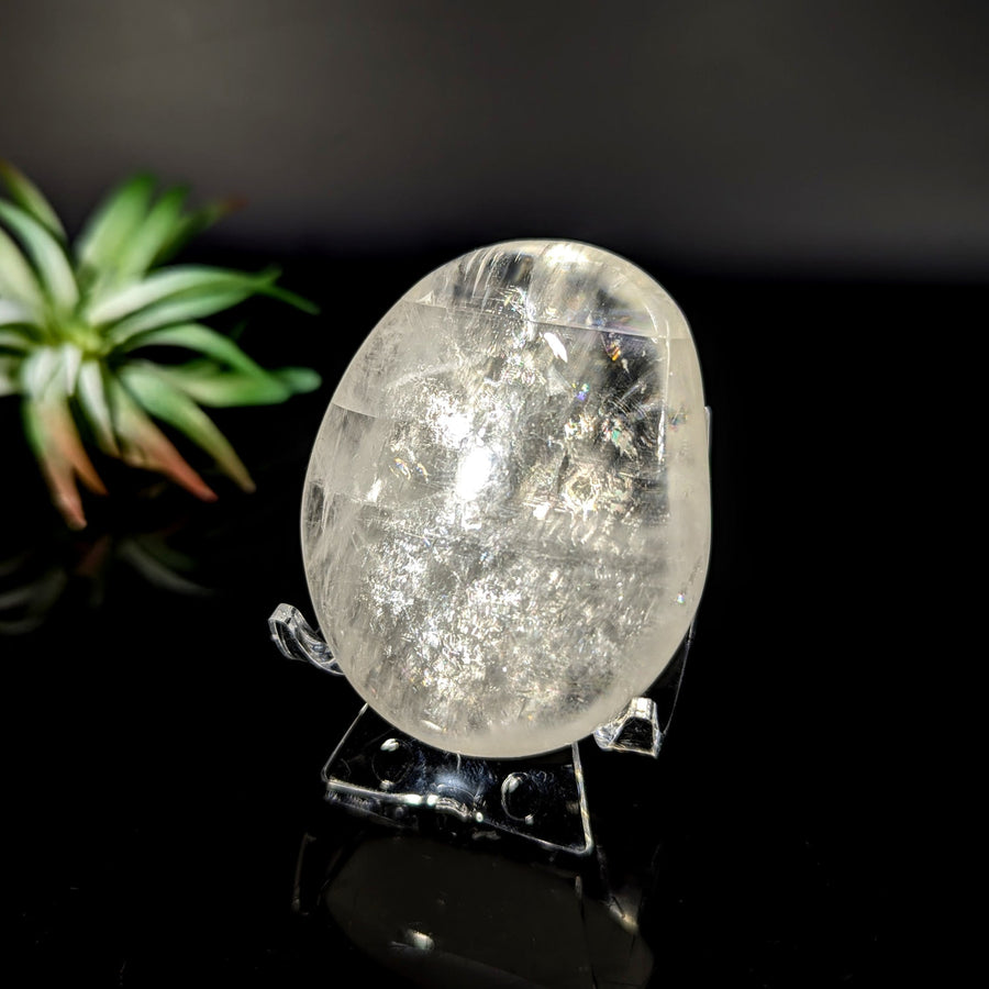Polished Clear Quartz Egg on Stand Clear Optical Calcite Palm Stone #LV8832