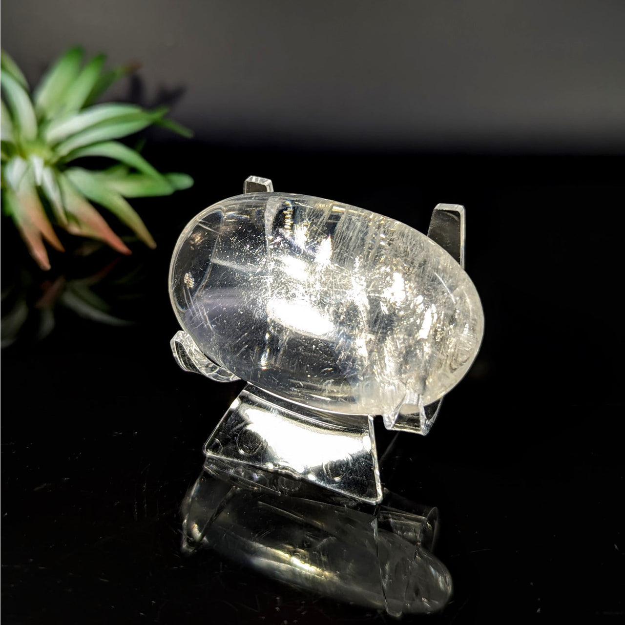 Clear crystal pig figurine displayed in Clear Optical Calcite 2.2 inch Palm Stone #LV8836