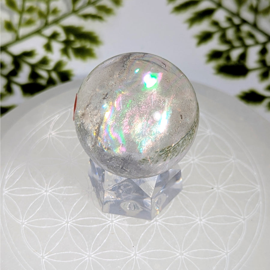 Clear Quartz 1.4’’ iridescent sphere #BC1216 on crystal stand