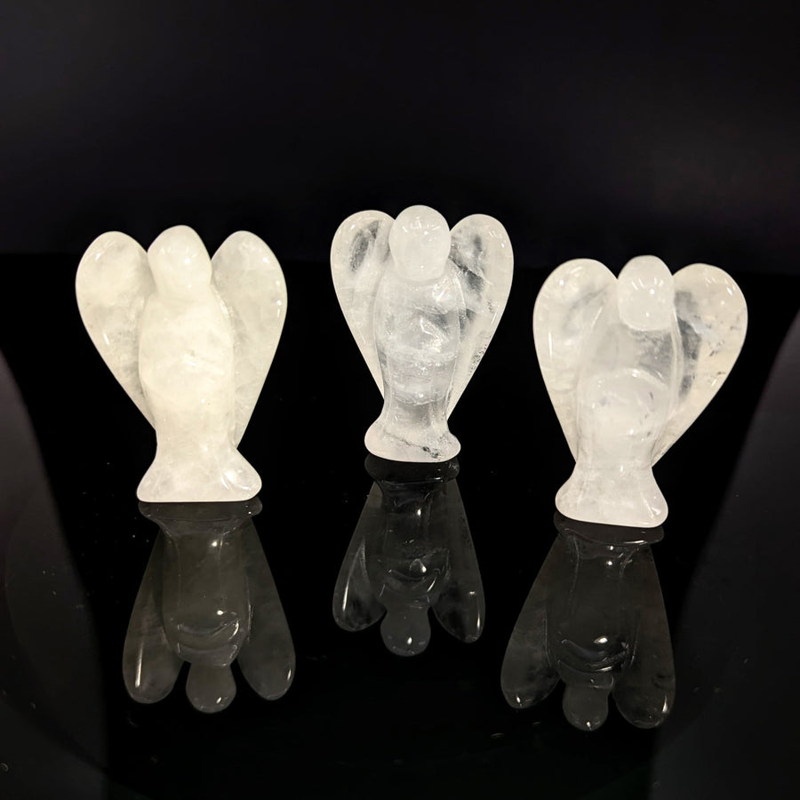 Three 1.9-inch translucent white quartz angel figurines, smooth polished winged designs, Clear Quartz #BC0153