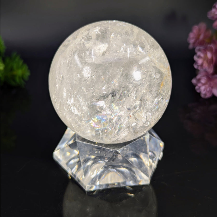 Clear quartz 2.8 inch crystal sphere on faceted stand #BC0121