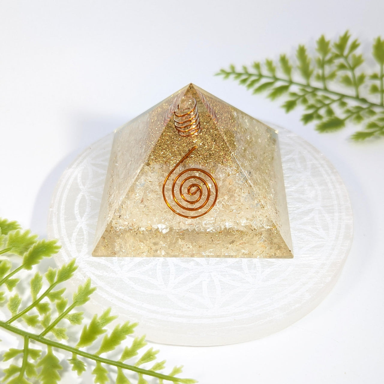 Clear quartz 2’’ orgone pyramid #BC1119 with golden glitter, copper spiral