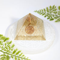 Clear quartz 2’’ orgone pyramid #BC1119 with golden glitter, copper spiral