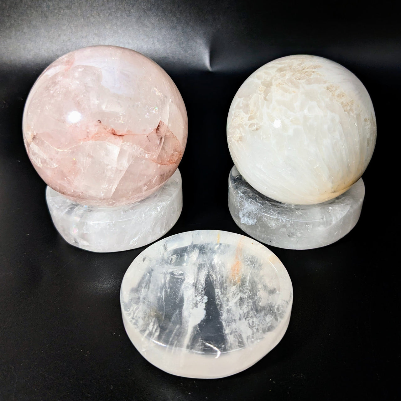 Clear Quartz 2’ Sphere Holder #LV2331 showcasing three different types of quartz crystals