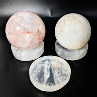 Thumbnail for Clear Quartz 2’ Sphere Holder #LV2331 showcasing three different types of quartz crystals
