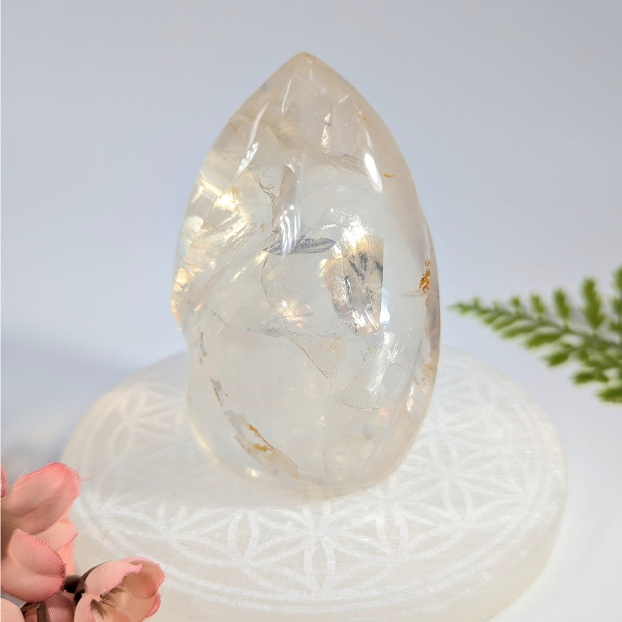 Clear Quartz 3.6’’ Twist Freeform #BC1123 with golden inclusions on base
