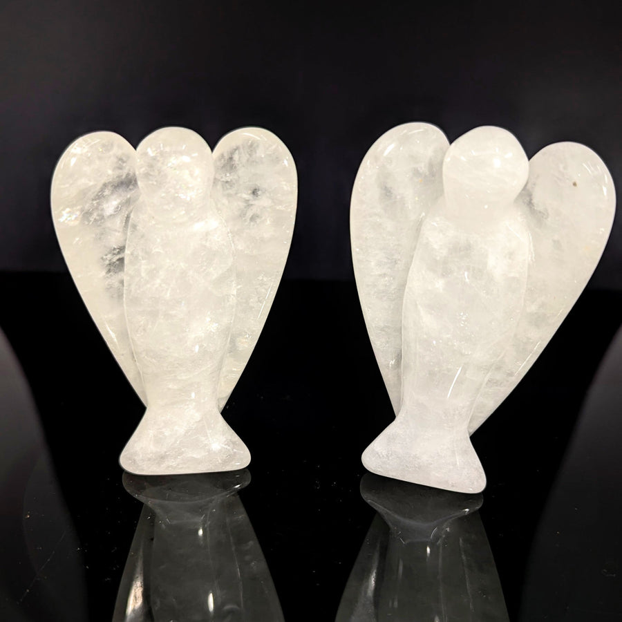 Two 3’’ translucent white quartz angel figurines with heart wings, #BC0154