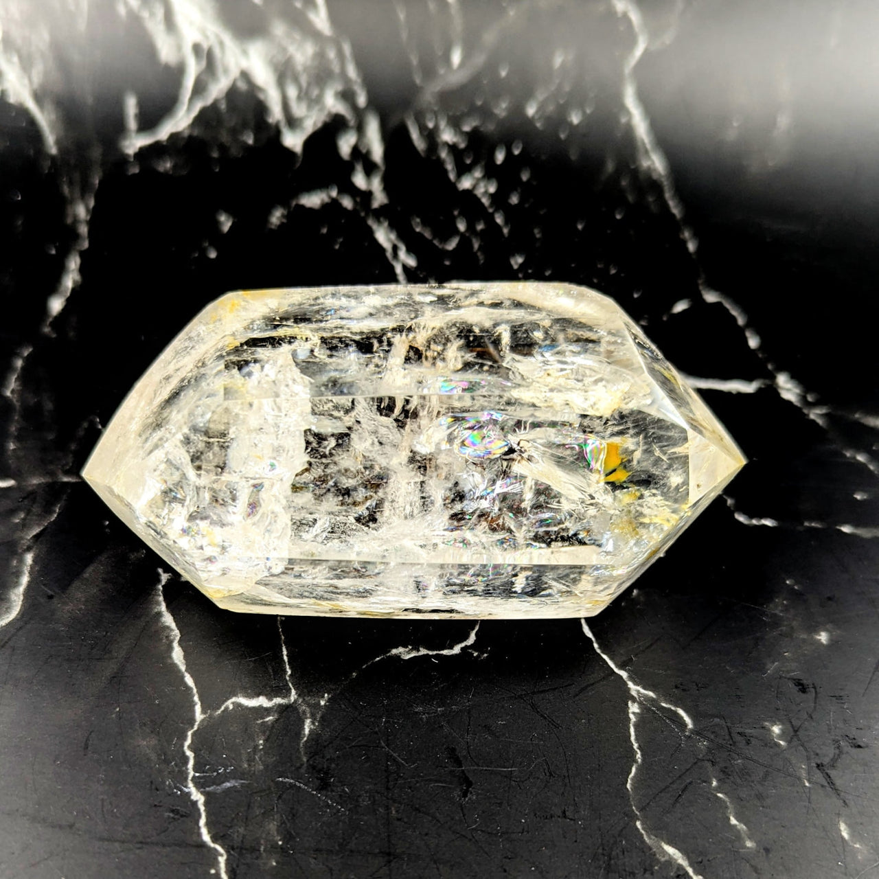 Clear quartz 4.4 inch DT point #BC1248 with inclusions and yellow tint