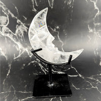 Clear quartz 6-inch crescent moon sculpture with face on stand BC0771
