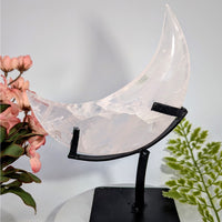 Clear quartz 7-inch pink crescent moon on black stand #BC0772