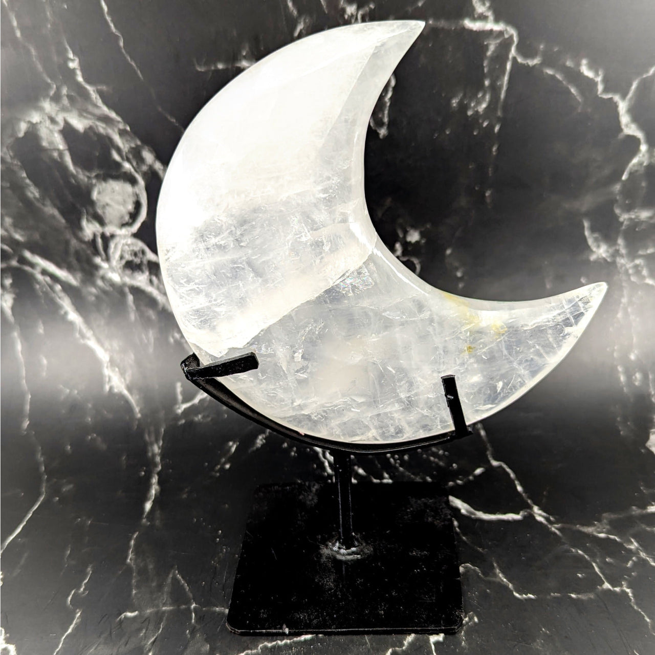 Clear quartz 8-inch moon crystal on black stand #BC0769