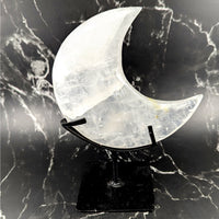 Clear quartz 8-inch moon crystal on black stand #BC0769